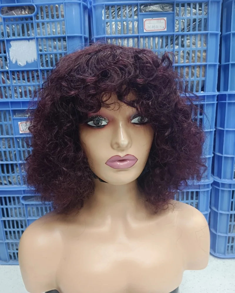 10 Inch Brazilian Human Hair 300% Density Fringe Bang Curly Bob Women