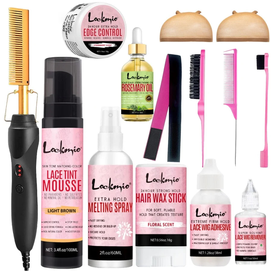 Professional Lace Wig Install Kit with Hot Comb Hair Straightener, Lace Tint Mousse, Strong Hold Wig Glue & Rosemary Oil, Complete Wig Styling Set
