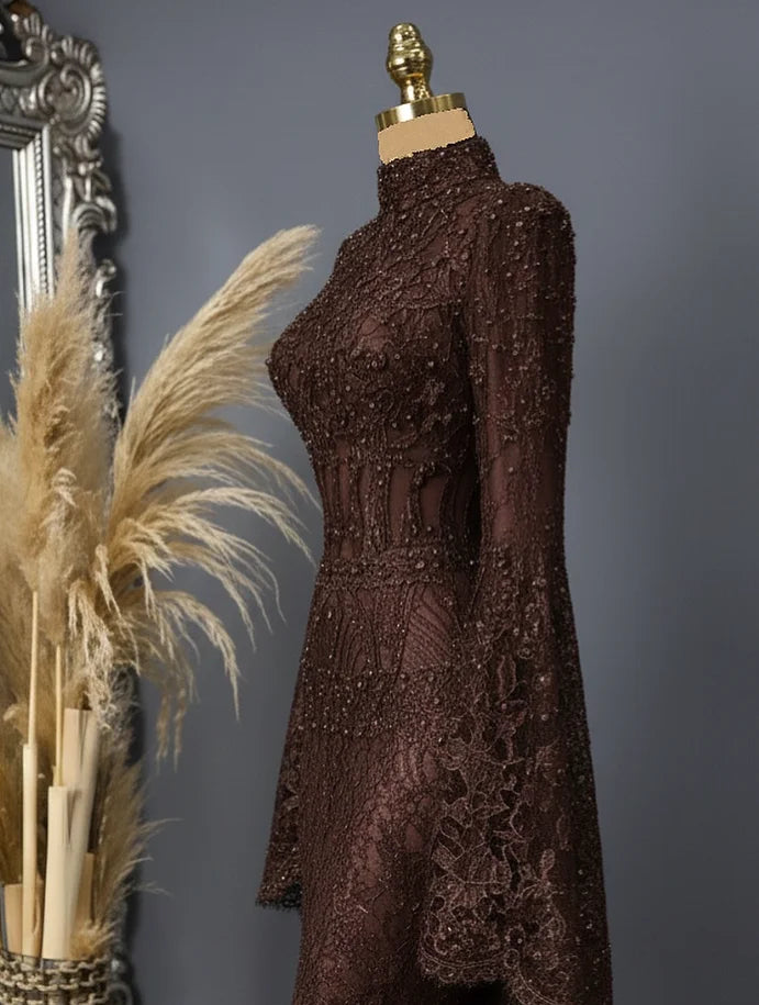 Chocolate Mermaid Muslim Prom Gala Dresses Fairytale Long Sleeve Lace Crystal High Neck Kınaelbisesi Evening Gown Customized