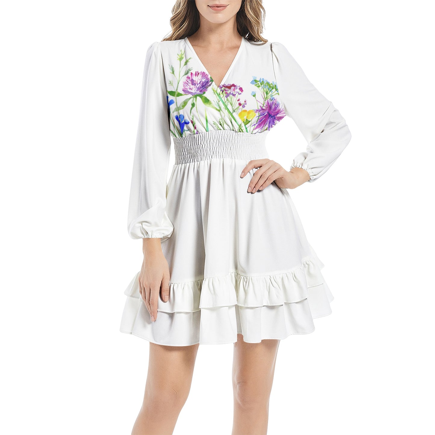 Long Sleeve Tiered Ruffle Hem Elastic Waist Mini Dress