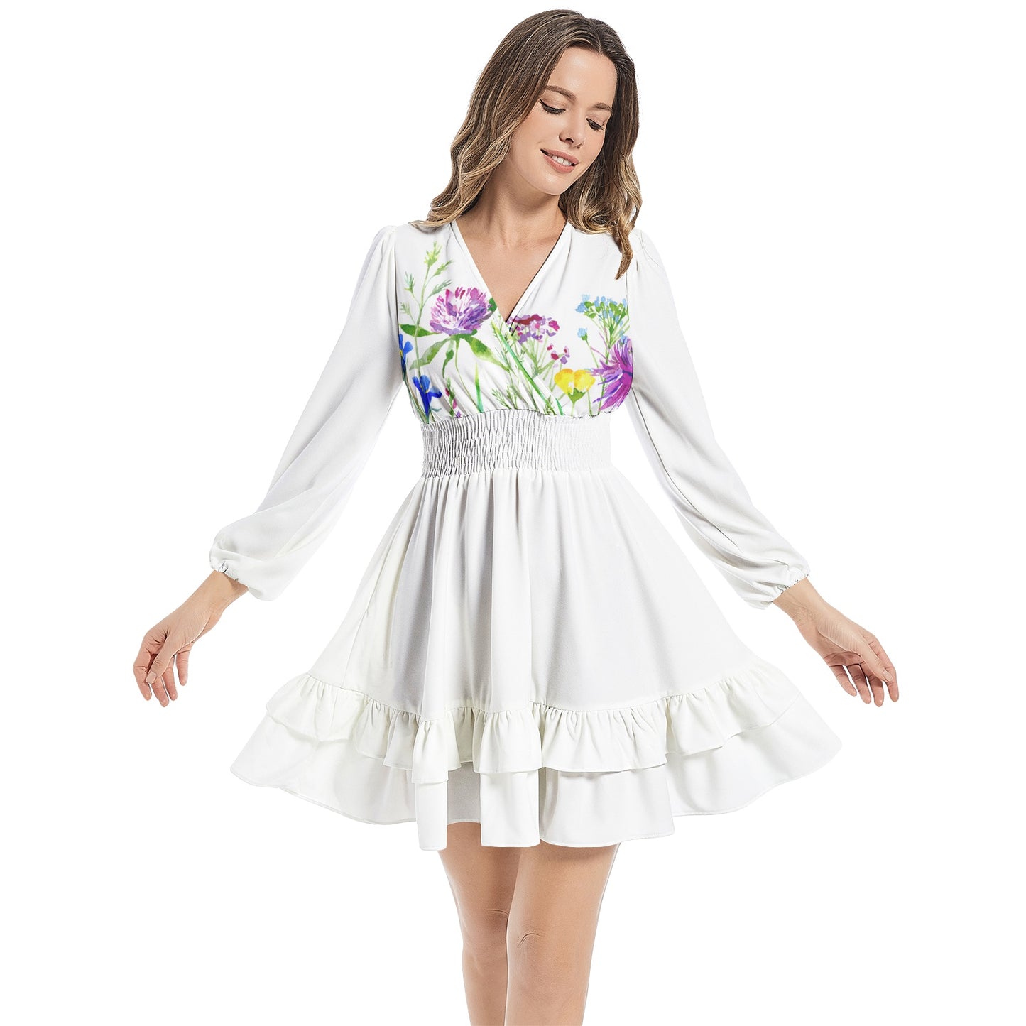 Long Sleeve Tiered Ruffle Hem Elastic Waist Mini Dress