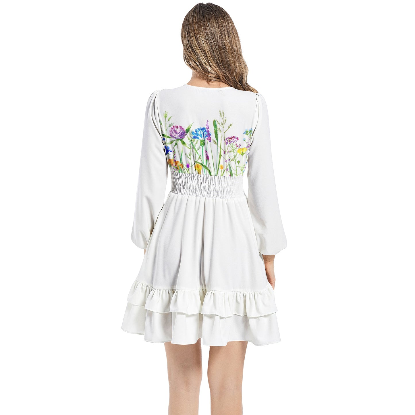 Long Sleeve Tiered Ruffle Hem Elastic Waist Mini Dress