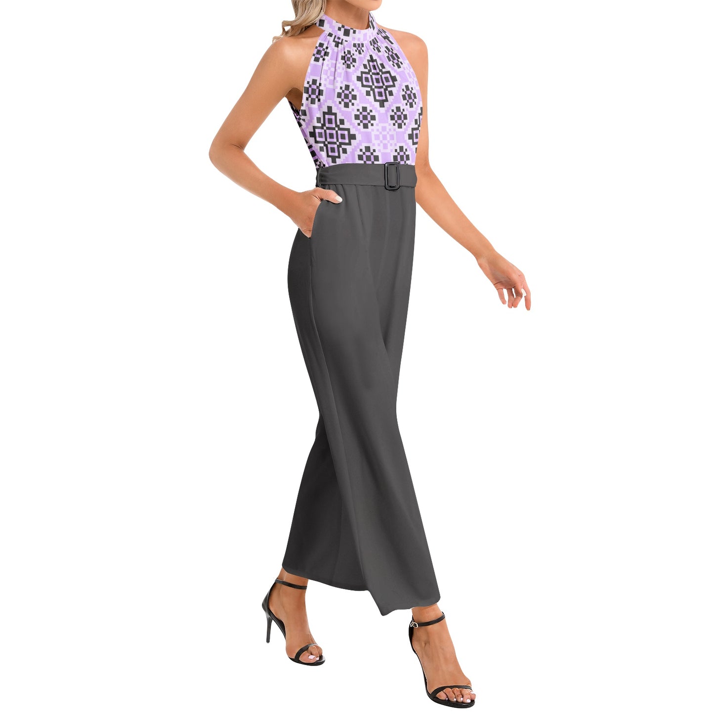 Halter Neck Buckle Belted Jumpsuit