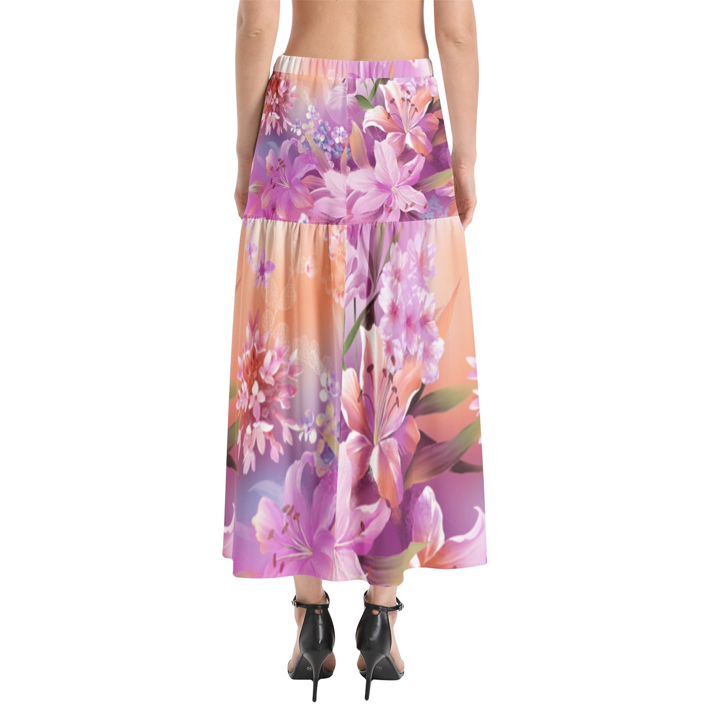 Elastic Waist Ruffle Slit Hem Skirt