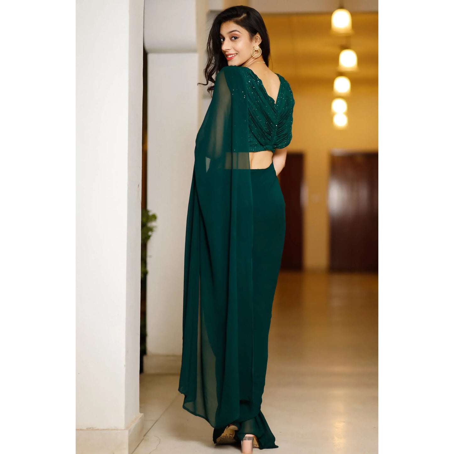 Inayaat Green Georgette Sequin Stitched High Stretch Eco-Friendly Washable Pencil Silhouette Floor-Length Luxury Elegant Prom