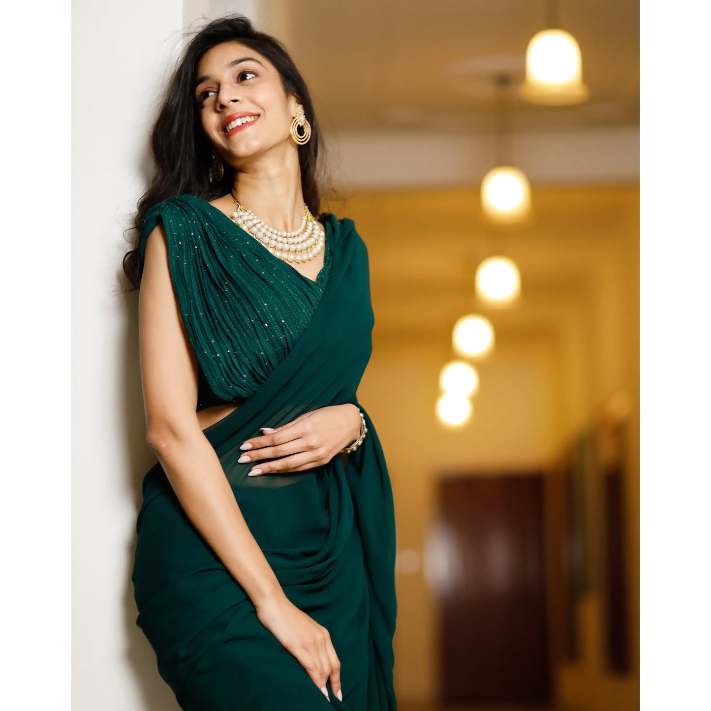 Inayaat Green Georgette Sequin Stitched High Stretch Eco-Friendly Washable Pencil Silhouette Floor-Length Luxury Elegant Prom