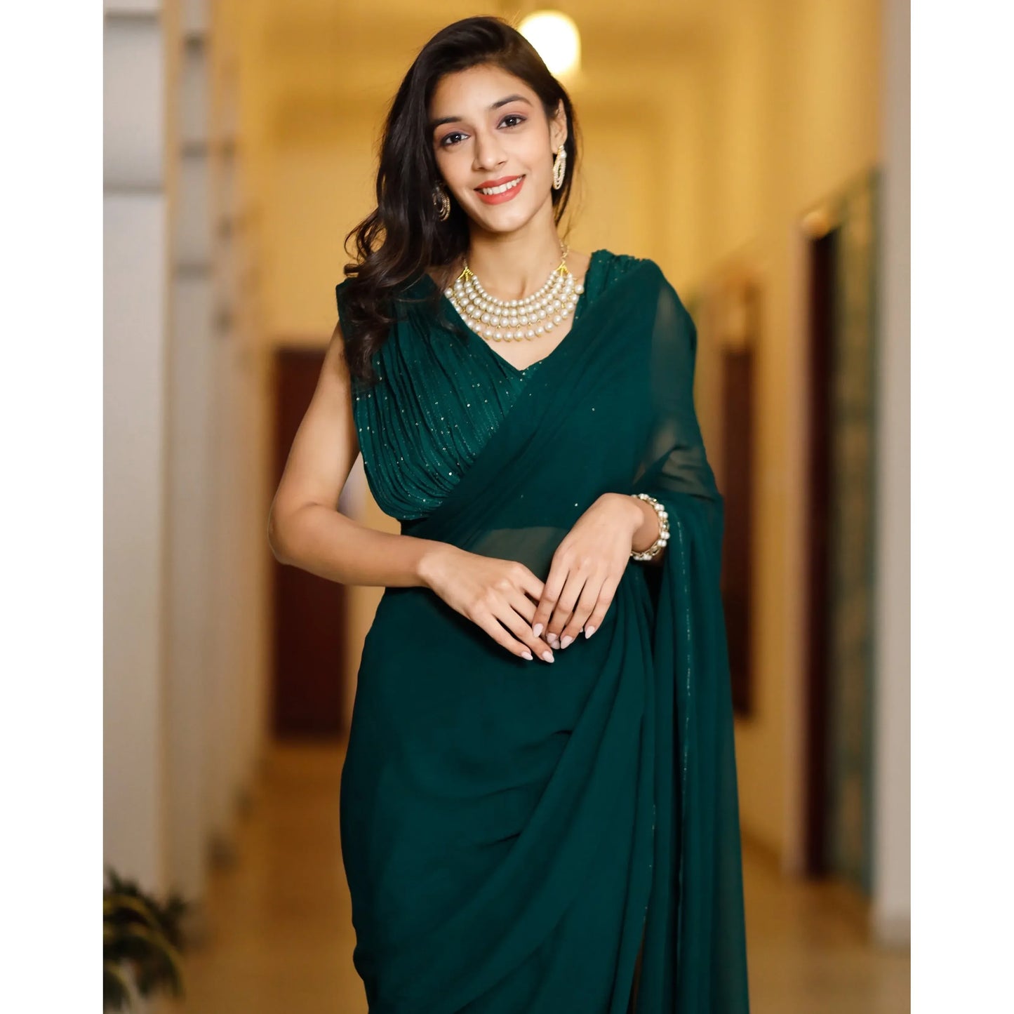 Inayaat Green Georgette Sequin Stitched High Stretch Eco-Friendly Washable Pencil Silhouette Floor-Length Luxury Elegant Prom
