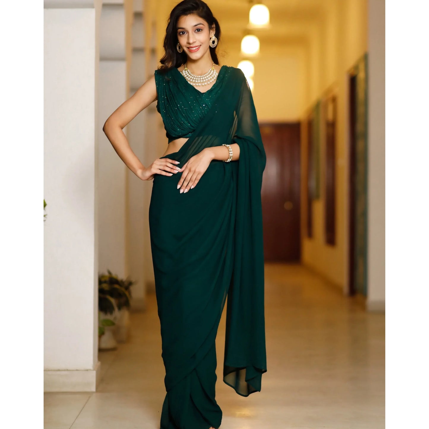 Inayaat Green Georgette Sequin Stitched High Stretch Eco-Friendly Washable Pencil Silhouette Floor-Length Luxury Elegant Prom