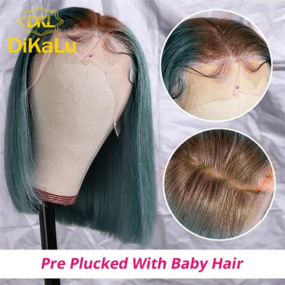 Cheap Silky Straight Short Bob Lace Front Human Hair Wigs for Women Icy Blue for Winter Pink Color Middle Part Ombre Lace Wig