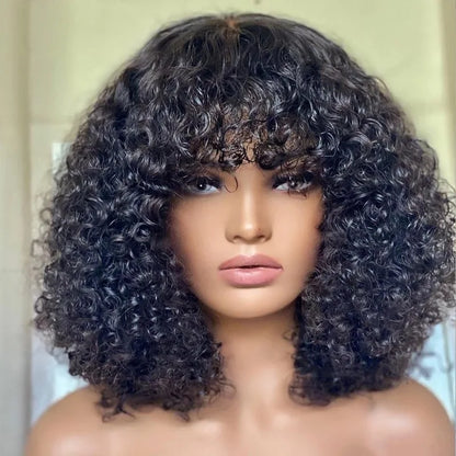 10 Inch Brazilian Human Hair 300% Density Fringe Bang Curly Bob Women