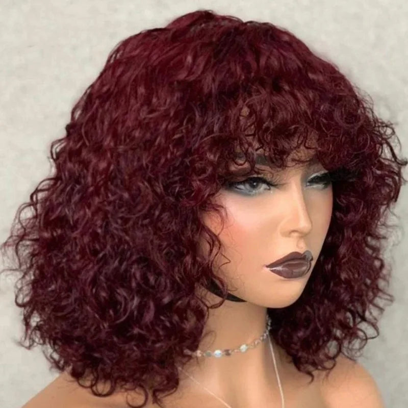 10 Inch Brazilian Human Hair 300% Density Fringe Bang Curly Bob Women