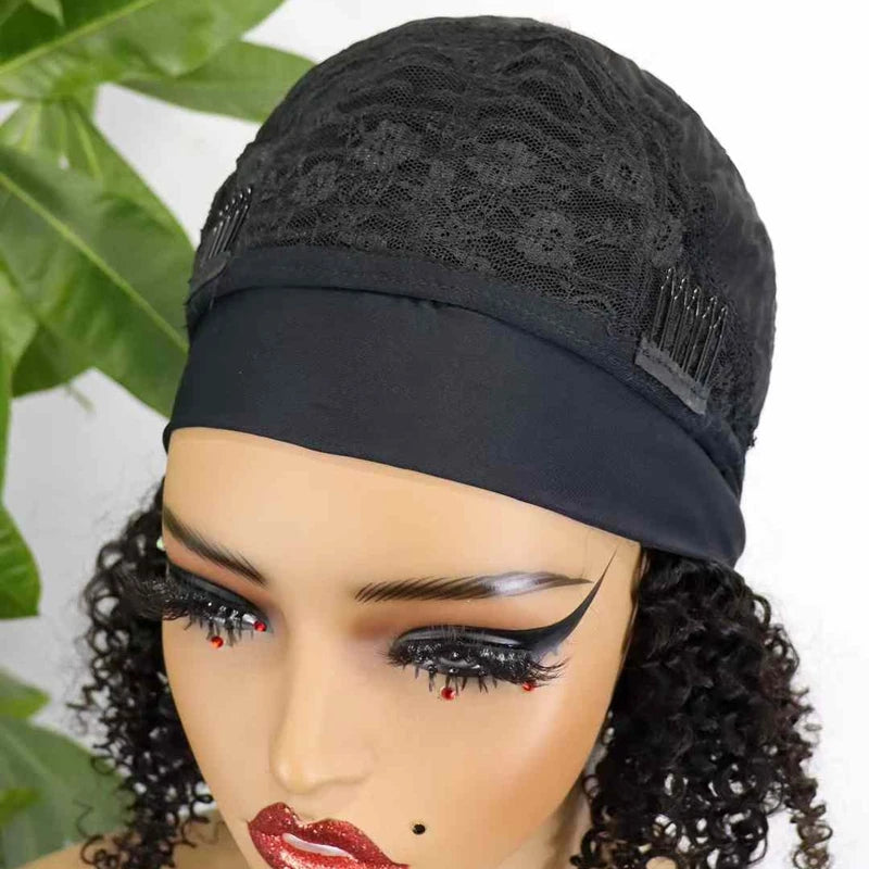 High Quality Short Women's Afro Kinky Curly Half Wig with Headbands Black Machine Made Straight Style Raw Human Hair Wigs