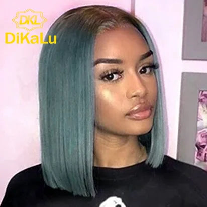Cheap Silky Straight Short Bob Lace Front Human Hair Wigs for Women Icy Blue for Winter Pink Color Middle Part Ombre Lace Wig
