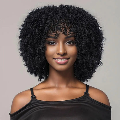 Heat-Resistant Short Synthetic African Curly Wig with Bangs Black Elastic Curls Features Short Bob Style for Women Made in China
