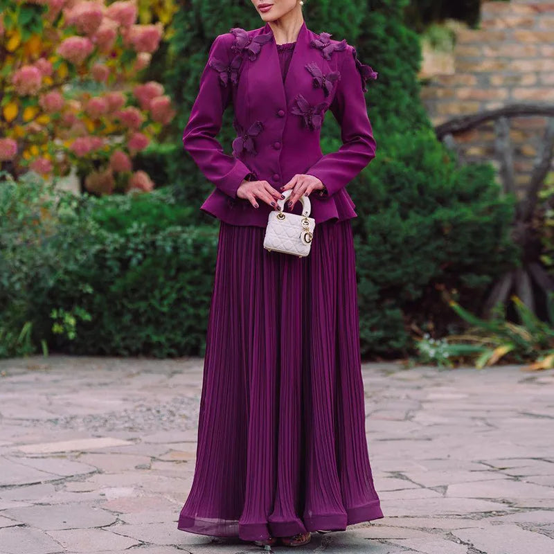 Bettergirl New Fashion Temperament Elegant Wind Suit New Splicing Butterfly Decorative Waist Coat High Waist Pleated Half Dress