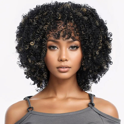 Heat-Resistant Short Synthetic African Curly Wig with Bangs Black Elastic Curls Features Short Bob Style for Women Made in China