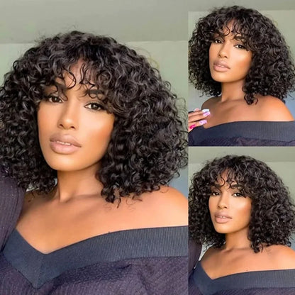 10 Inch Brazilian Human Hair 300% Density Fringe Bang Curly Bob Women