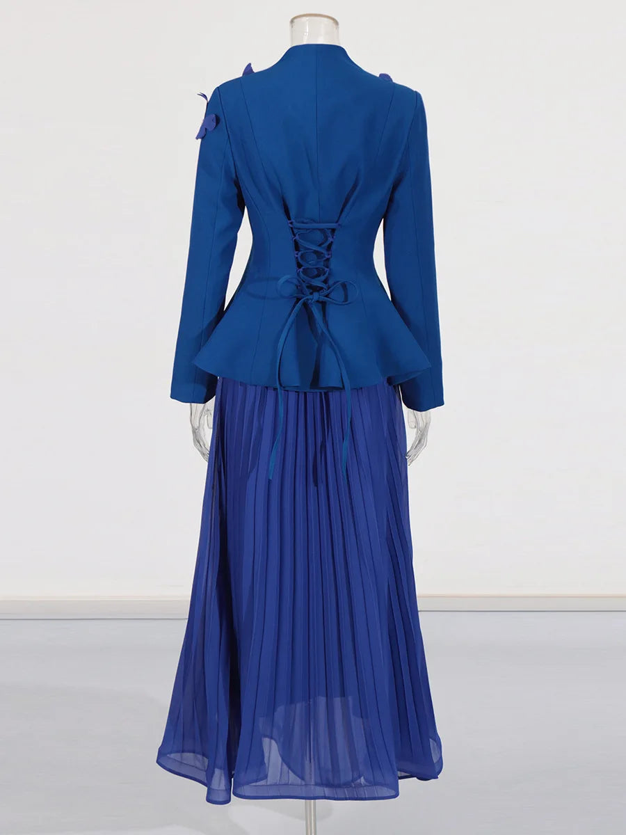 Bettergirl New Fashion Temperament Elegant Wind Suit New Splicing Butterfly Decorative Waist Coat High Waist Pleated Half Dress