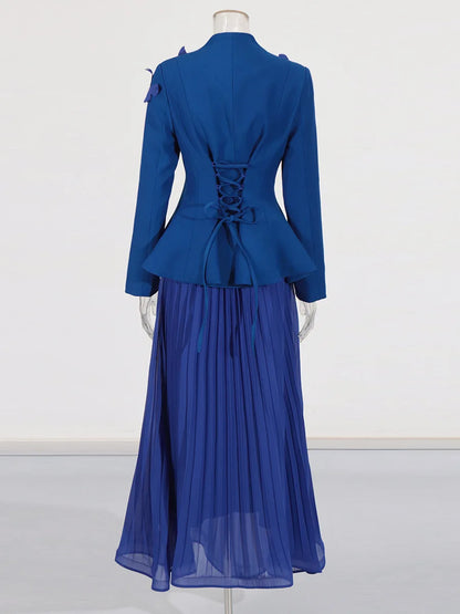 Bettergirl New Fashion Temperament Elegant Wind Suit New Splicing Butterfly Decorative Waist Coat High Waist Pleated Half Dress