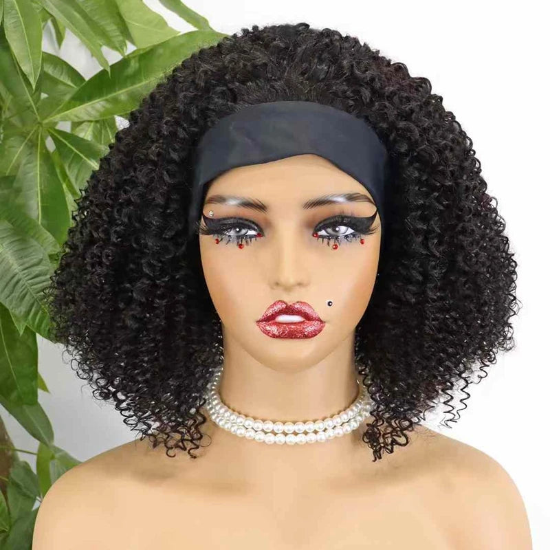 High Quality Short Women's Afro Kinky Curly Half Wig with Headbands Black Machine Made Straight Style Raw Human Hair Wigs