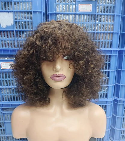 10 Inch Brazilian Human Hair 300% Density Fringe Bang Curly Bob Women