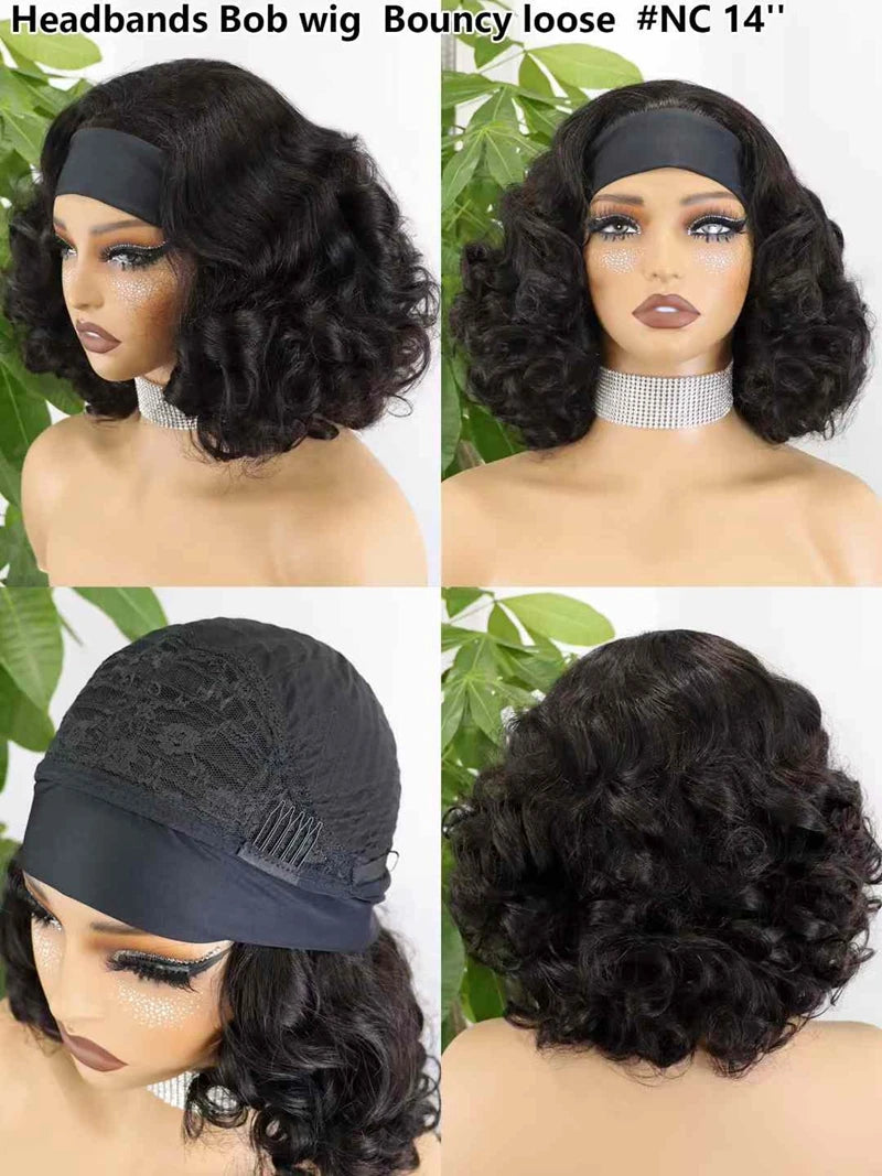 High Quality Short Women's Afro Kinky Curly Half Wig with Headbands Black Machine Made Straight Style Raw Human Hair Wigs
