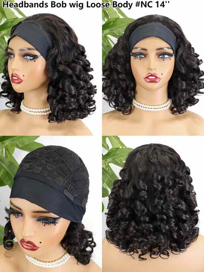 High Quality Short Women's Afro Kinky Curly Half Wig with Headbands Black Machine Made Straight Style Raw Human Hair Wigs