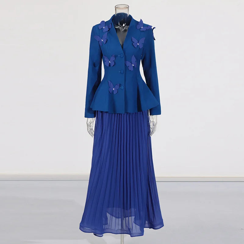 Bettergirl New Fashion Temperament Elegant Wind Suit New Splicing Butterfly Decorative Waist Coat High Waist Pleated Half Dress