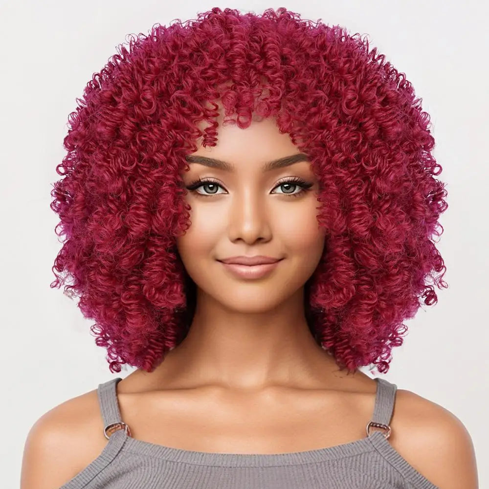 Heat-Resistant Short Synthetic African Curly Wig with Bangs Black Elastic Curls Features Short Bob Style for Women Made in China