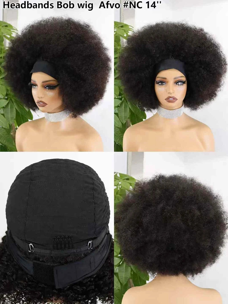 High Quality Short Women's Afro Kinky Curly Half Wig with Headbands Black Machine Made Straight Style Raw Human Hair Wigs