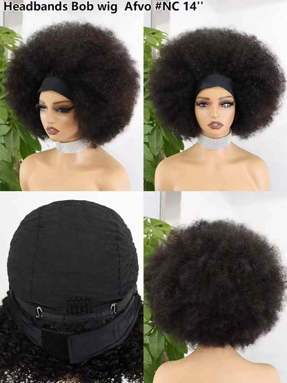High Quality Short Women's Afro Kinky Curly Half Wig with Headbands Black Machine Made Straight Style Raw Human Hair Wigs