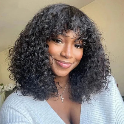 10 Inch Brazilian Human Hair 300% Density Fringe Bang Curly Bob Women
