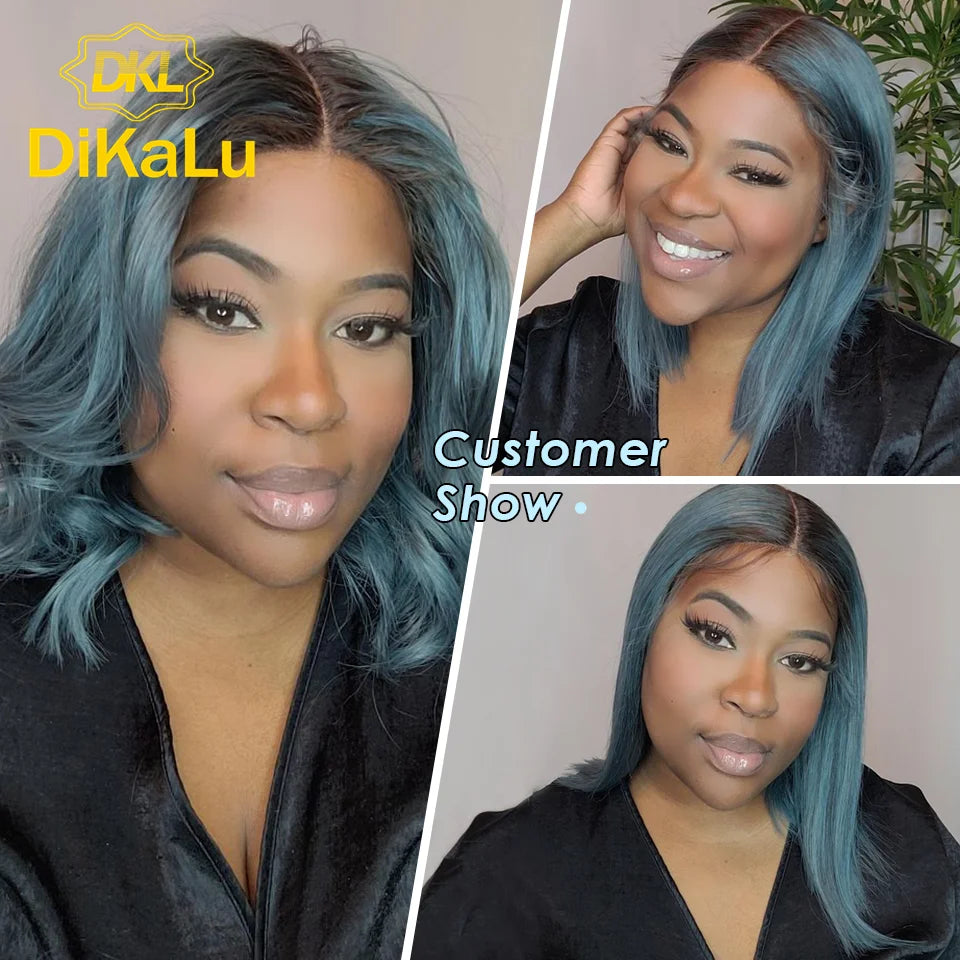 Cheap Silky Straight Short Bob Lace Front Human Hair Wigs for Women Icy Blue for Winter Pink Color Middle Part Ombre Lace Wig