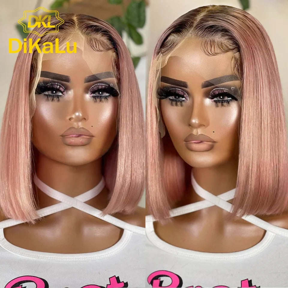 Cheap Silky Straight Short Bob Lace Front Human Hair Wigs for Women Icy Blue for Winter Pink Color Middle Part Ombre Lace Wig