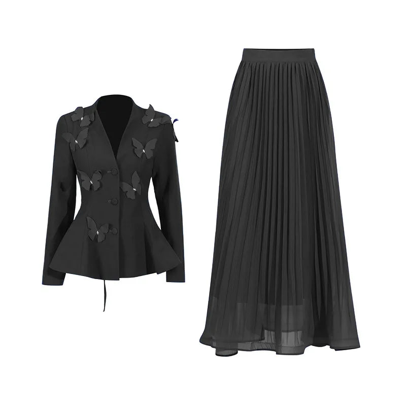 Bettergirl New Fashion Temperament Elegant Wind Suit New Splicing Butterfly Decorative Waist Coat High Waist Pleated Half Dress