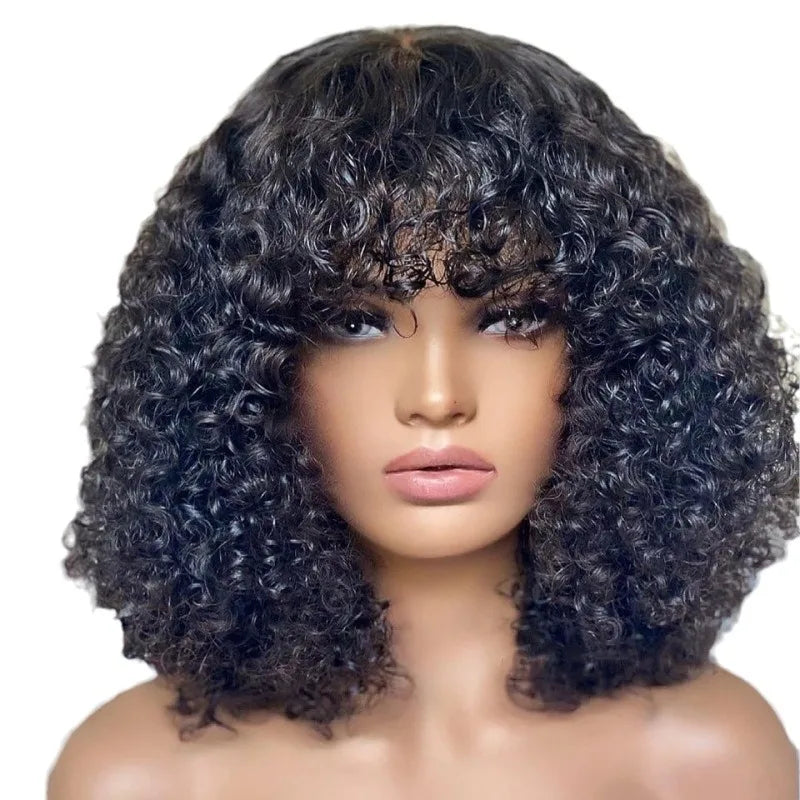 10 Inch Brazilian Human Hair 300% Density Fringe Bang Curly Bob Women