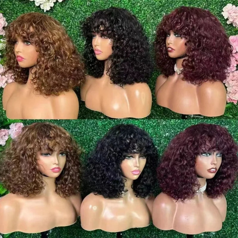 10 Inch Brazilian Human Hair 300% Density Fringe Bang Curly Bob Women