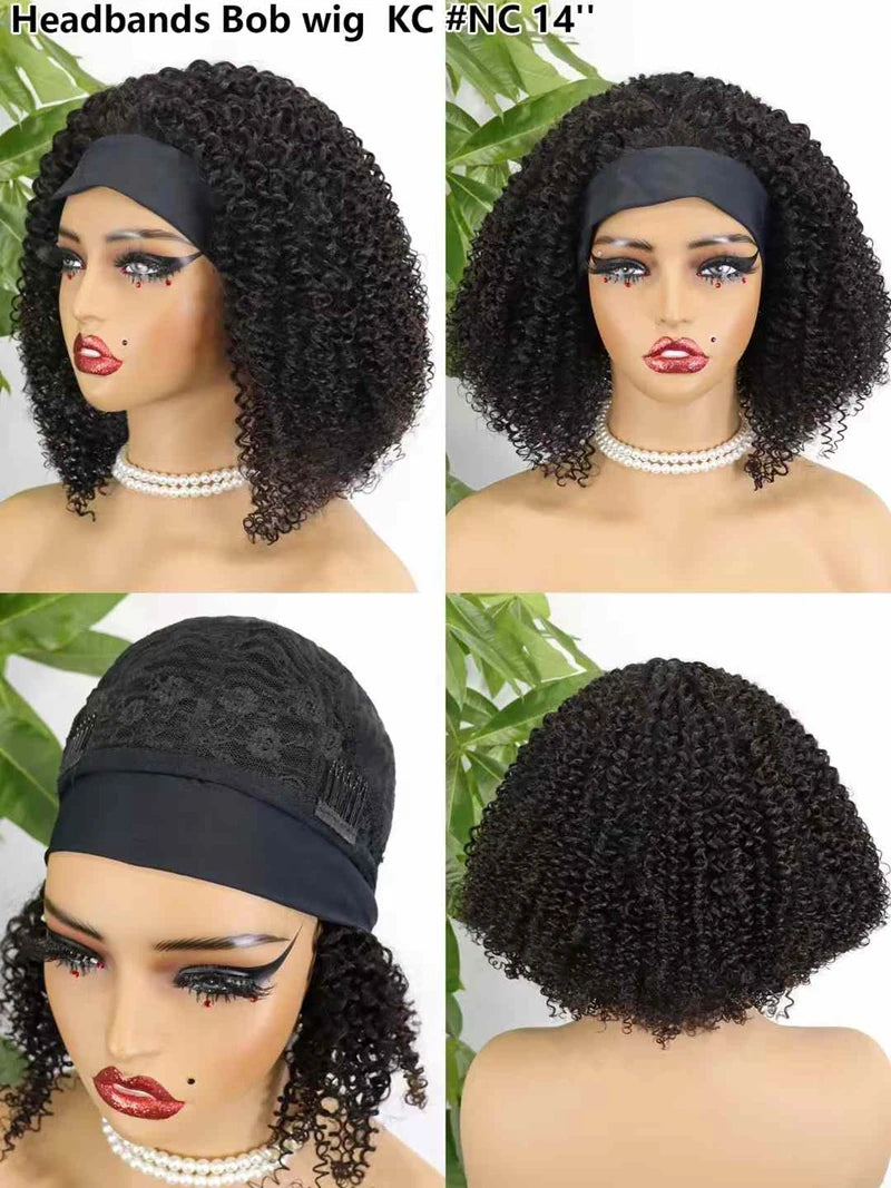 High Quality Short Women's Afro Kinky Curly Half Wig with Headbands Black Machine Made Straight Style Raw Human Hair Wigs