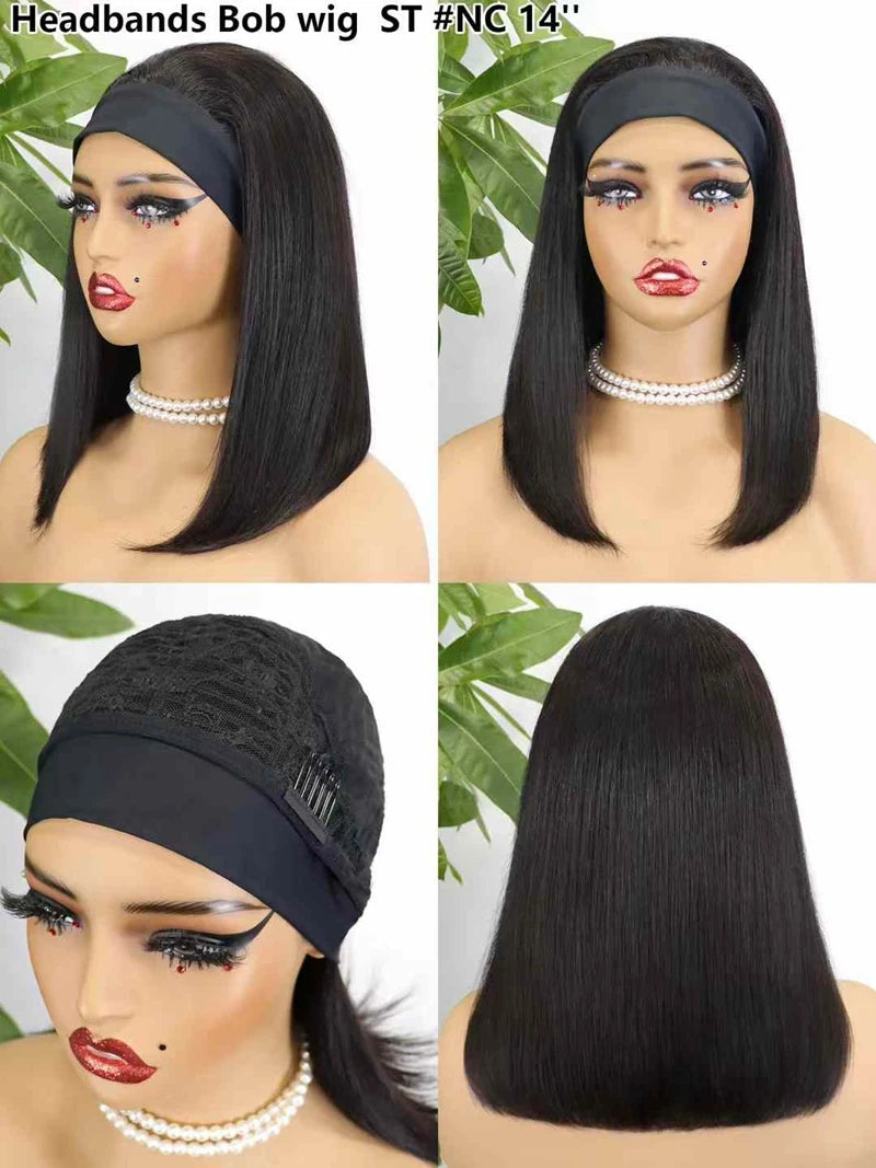 High Quality Short Women's Afro Kinky Curly Half Wig with Headbands Black Machine Made Straight Style Raw Human Hair Wigs