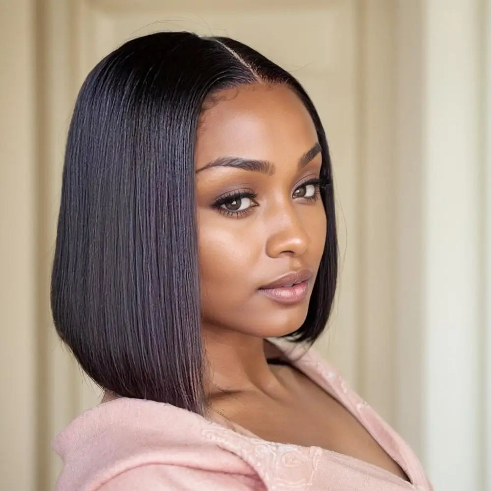 10 Inch Glueless Machine Made High Temperature Fiber Synthetic Wig 150% Density 4x4 Closure Short Bob Straight Wigs Women Small