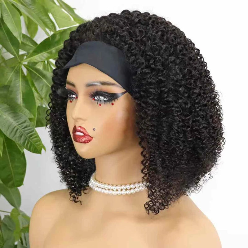 High Quality Short Women's Afro Kinky Curly Half Wig with Headbands Black Machine Made Straight Style Raw Human Hair Wigs