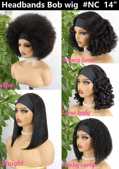 High Quality Short Women's Afro Kinky Curly Half Wig with Headbands Black Machine Made Straight Style Raw Human Hair Wigs