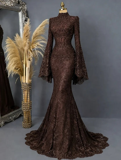 Chocolate Mermaid Muslim Prom Gala Dresses Fairytale Long Sleeve Lace Crystal High Neck Kınaelbisesi Evening Gown Customized