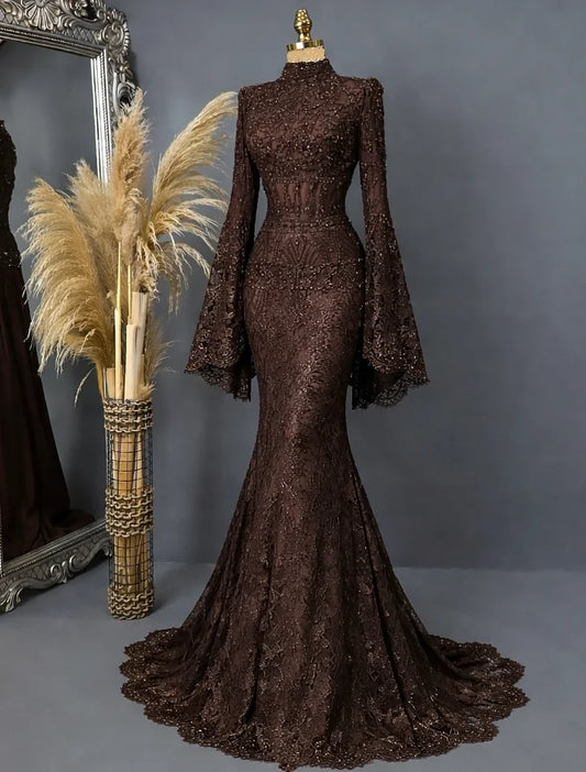 Chocolate Mermaid Muslim Prom Gala Dresses Fairytale Long Sleeve Lace Crystal High Neck Kınaelbisesi Evening Gown Customized