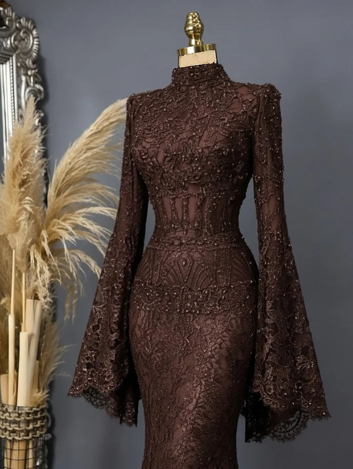 Chocolate Mermaid Muslim Prom Gala Dresses Fairytale Long Sleeve Lace Crystal High Neck Kınaelbisesi Evening Gown Customized
