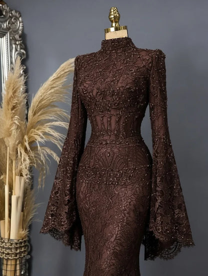 Chocolate Mermaid Muslim Prom Gala Dresses Fairytale Long Sleeve Lace Crystal High Neck Kınaelbisesi Evening Gown Customized
