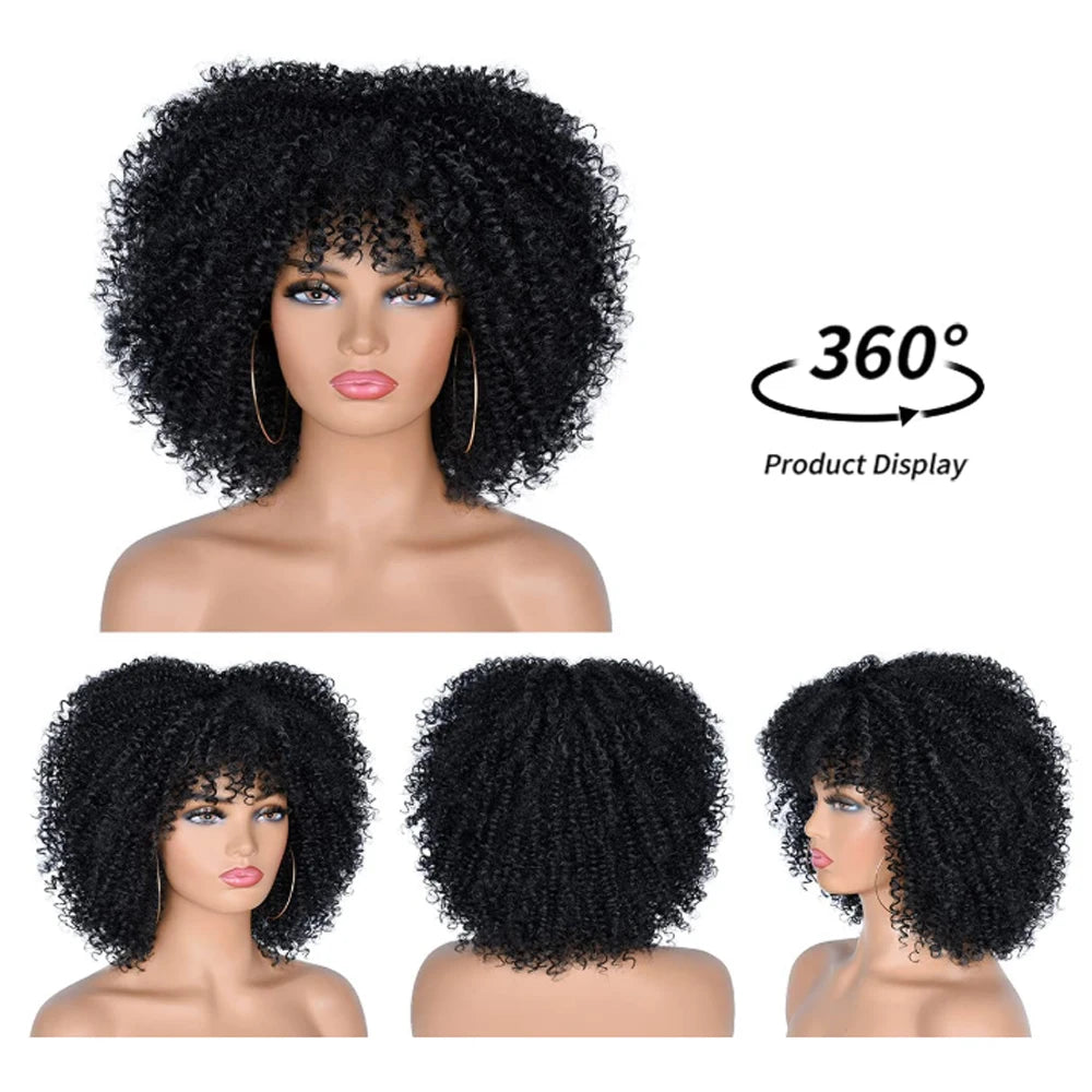 Curly Wigs for Black Women Afro  Curly Wig with Bangs Synthetic Fiber Glueless Kinky Curly Hair Black