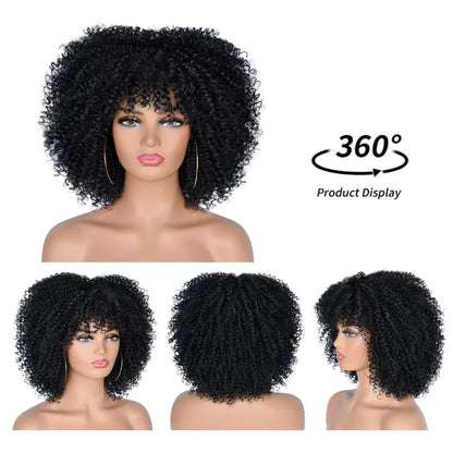 Curly Wigs for Black Women Afro  Curly Wig with Bangs Synthetic Fiber Glueless Kinky Curly Hair Black