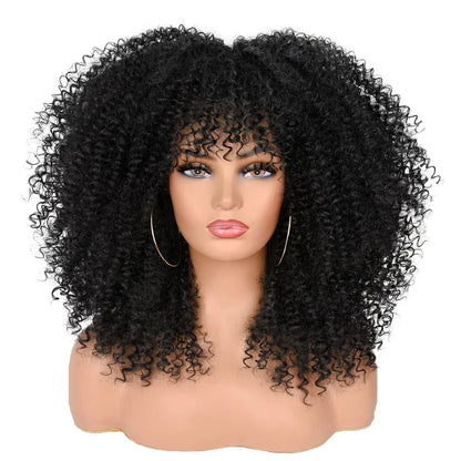 Curly Wigs for Black Women Afro  Curly Wig with Bangs Synthetic Fiber Glueless Kinky Curly Hair Black