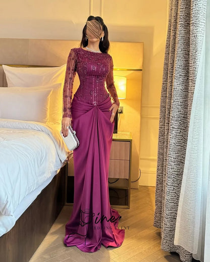 Oine Glamorous Purple Mermaid Evening Dresses Elegant Beading Vestido de Noche Customized Beaded Formal Women Prom Party Dress